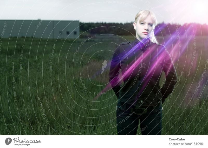 Rays of Light Exterior shot Copy Space left Day Flash photo Sunbeam Shallow depth of field Portrait photograph Upper body Front view Looking into the camera Joy