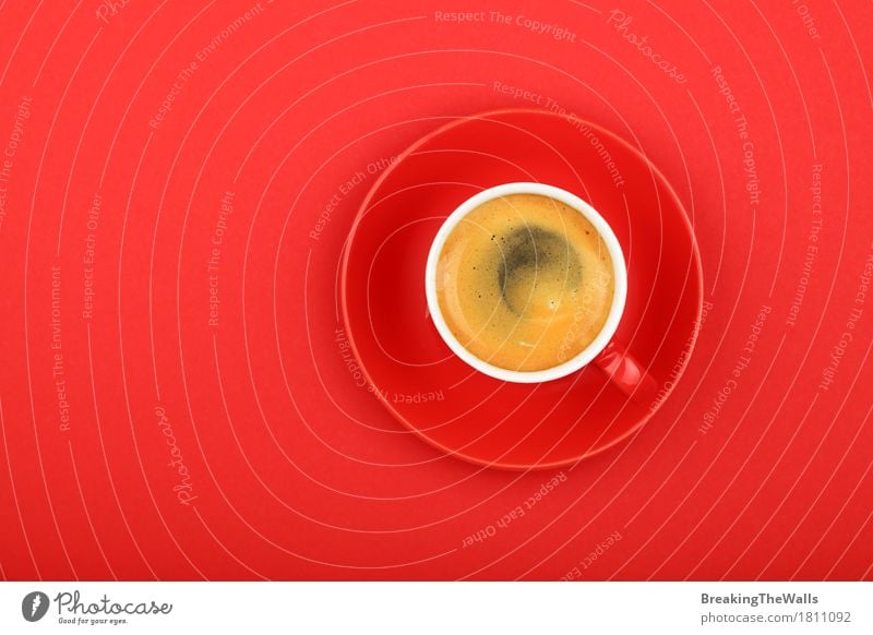 Espresso coffee in red cup with saucer on red, top view Breakfast To have a coffee Beverage Hot drink Coffee Mug Healthy Eating Rebellious Strong Red Power