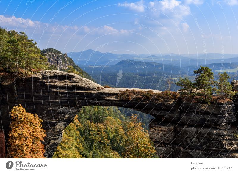 Prebischtor Leisure and hobbies Mountain Hiking Nature Landscape Sky Clouds Sun Autumn Beautiful weather Rock Bohemian Switzerland Czech Republic Europe