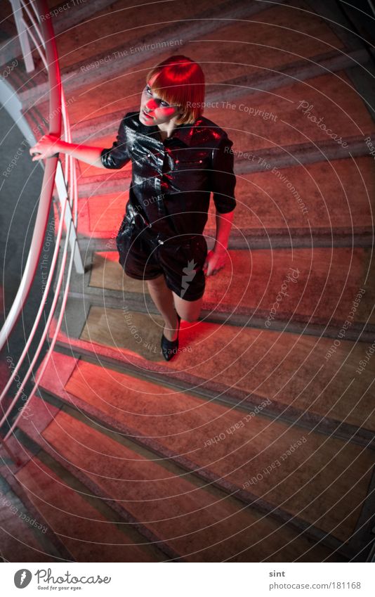 stairwell Colour photo Interior shot Copy Space bottom Artificial light Flash photo Shallow depth of field Bird's-eye view Portrait photograph Full-length