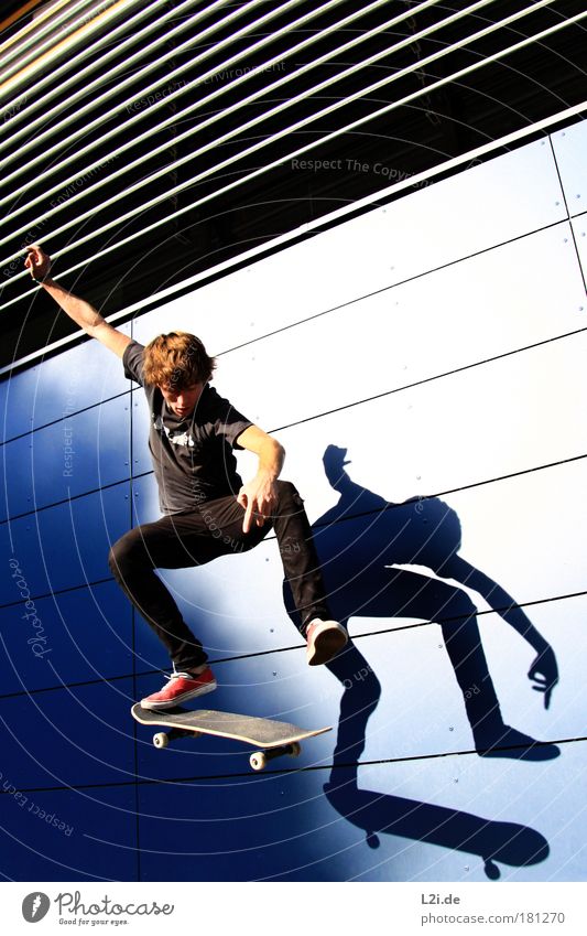 SHADOW-SKATER V Skateboarding Sports Action Wall (building) Shadow Trick Blue Silhouette Athletic Hand Arm Sunlight Visual spectacle Modern Architecture Punk