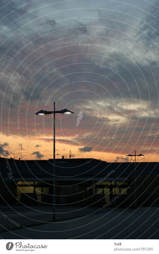 closing time Colour photo Exterior shot Deserted Copy Space top Copy Space bottom Evening Twilight Artificial light Pilot Logistics Closing time Clouds