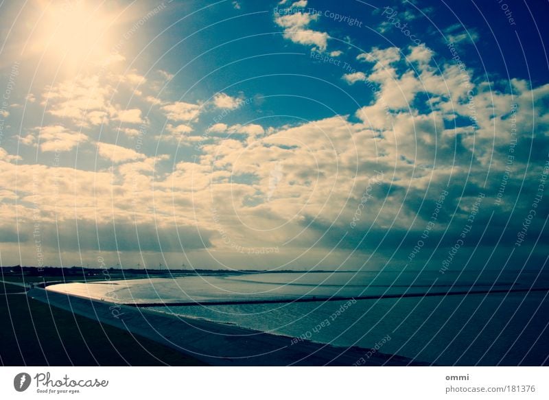 Flood & Floodlight Landscape Air Water Sky Clouds Horizon Sun Sunlight Beautiful weather Coast North Sea Dike Far-off places Friendliness Bright Blue White