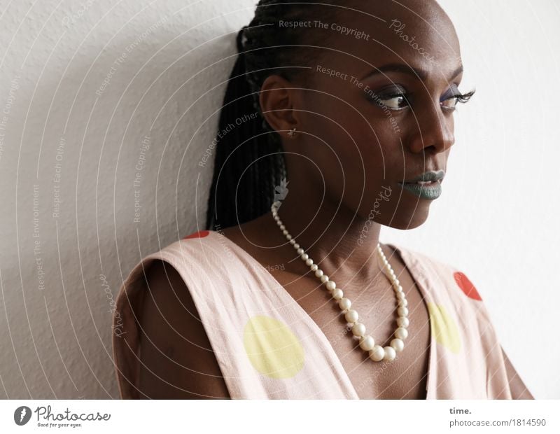 . Feminine 1 Human being Dress Jewellery Necklace Black-haired Long-haired Dreadlocks Observe Think Looking Wait Esthetic Elegant Curiosity Beautiful Emotions