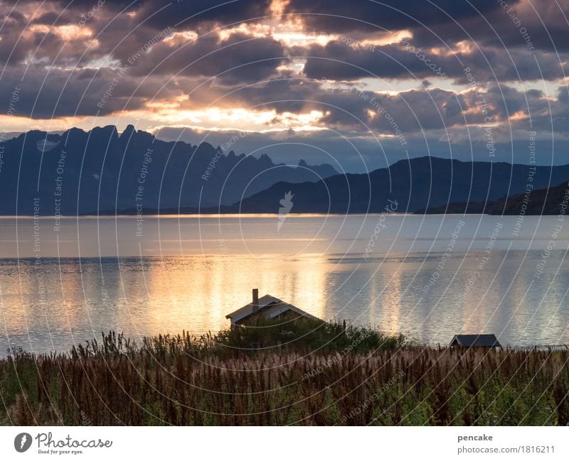 the sun goes to sleep now Landscape Water Sky Clouds Autumn Plant Coast Bay Fjord House (Residential Structure) Hut Emotions Joie de vivre (Vitality) Mountain