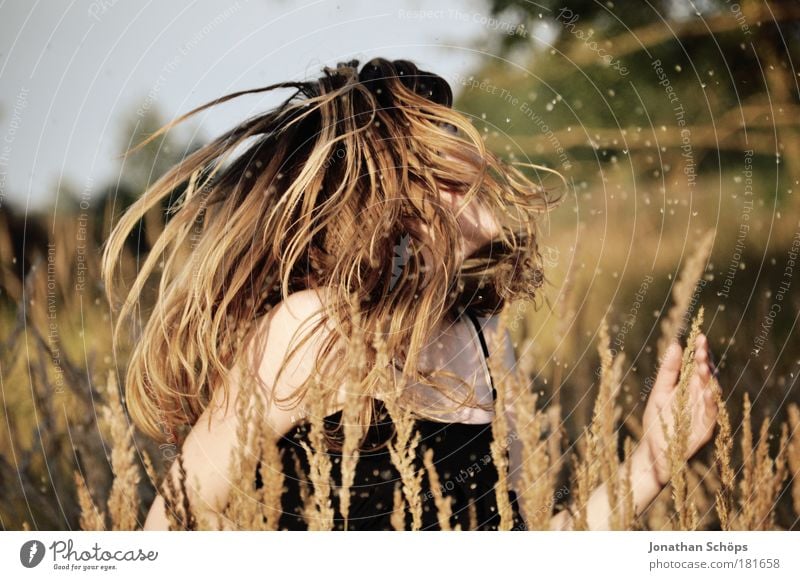 Dance in the field - woman shakes hair in the field Colour photo Exterior shot Light Sunlight Shallow depth of field Upper body Lifestyle Elegant Style Joy luck