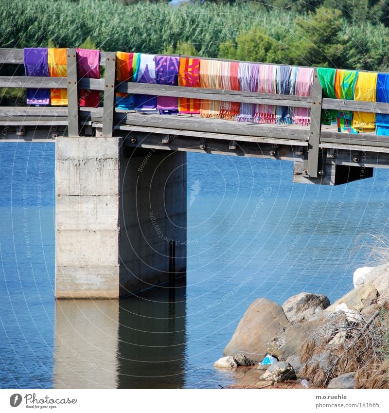 bewildered Colour photo Multicoloured Exterior shot Structures and shapes Deserted Day Wide angle Towel Bath towel Reflection Summer Lake Sardinia