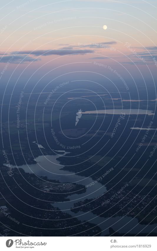 Between heaven and earth Landscape Sky Clouds Horizon Moon Beautiful weather Infinity Blue Green Violet Aerial photograph Bird's-eye view Lake Settlement