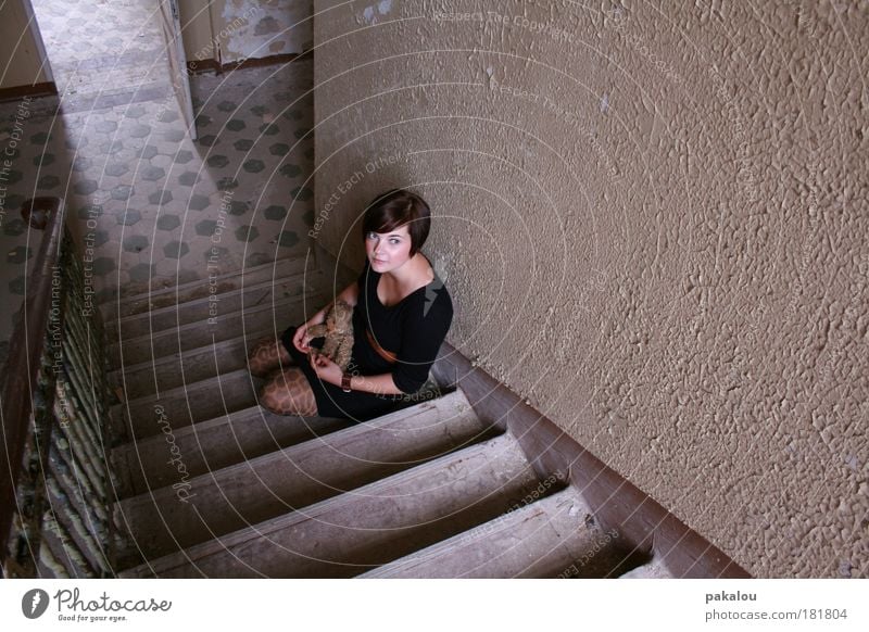 melancholy Colour photo Interior shot Deserted Copy Space right Copy Space top Day Shadow Bird's-eye view Full-length Looking away Human being Feminine