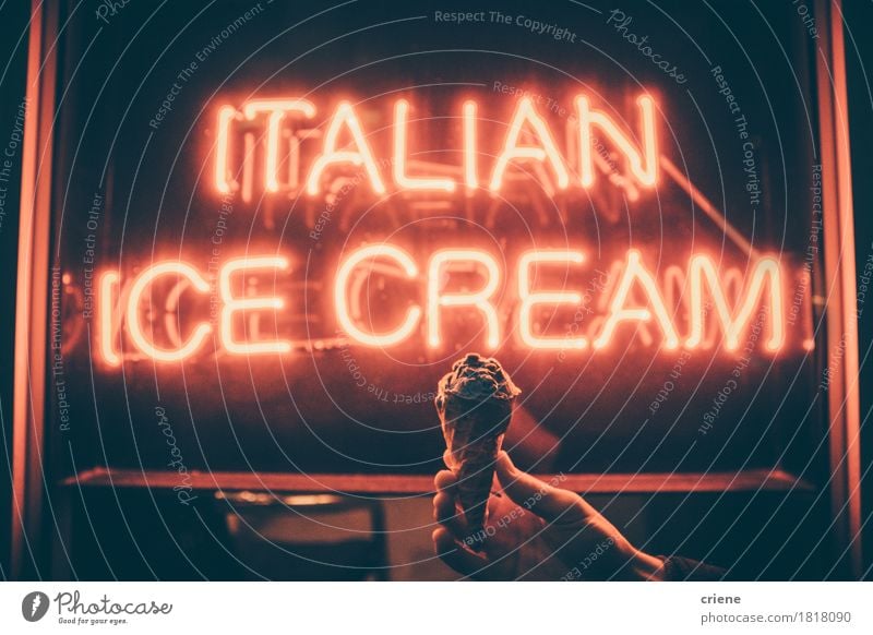 Board sign saying Italian Ice Cream with hand holding ice cream Food Dairy Products Dessert Ice cream Candy Eating Summer Hand Carrying Bright board Text sweet