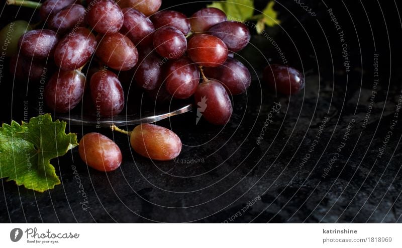 Red grapes on a silver bowl Food Fruit Nutrition Bowl Table Dark Fresh Retro Green Agriculture Berries Bunch of grapes Grape vine Grapevine Harvest Health