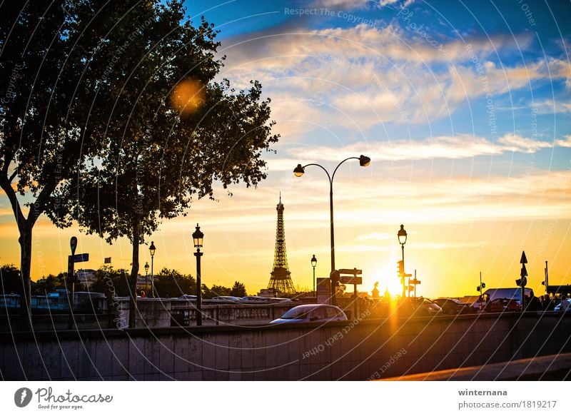 Sunset in Paris Vacation & Travel Tourism Adventure Freedom City trip Sky Horizon Autumn Capital city Eiffel Tower Street Blue Multicoloured Yellow Gold White