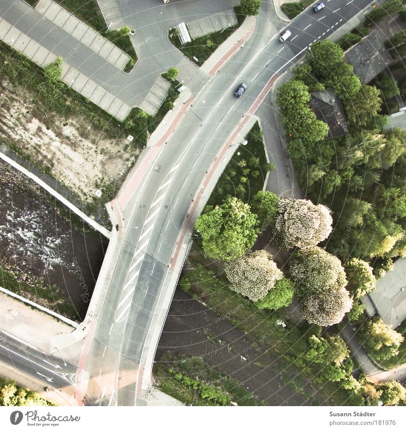 traffic monitoring Exterior shot Detail Light Shadow Bird's-eye view Downward Trip Plant Beautiful weather Foliage plant Park Meadow Waves River bank Bridge