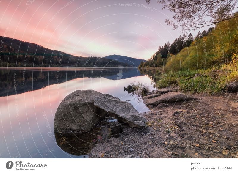 In silence Landscape Sky Rock Mountain Lake Schwarzenbach Reservoir Large Brown Green Orange Calm Idyll Nature Colour photo Exterior shot Deserted Twilight