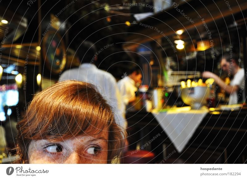 Girl with golden hair Looking away Hair and hairstyles Café Vienna Young woman Youth (Young adults) Eyes Freckles 18 - 30 years Adults Red-haired Curl Bangs