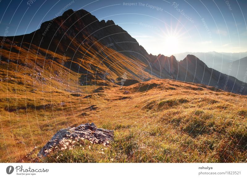 autumn sunrise in rocky Alps, Austria Vacation & Travel Sun Mountain Nature Landscape Sky Autumn Meadow Rock Gold Serene star peak Cliff snone fall