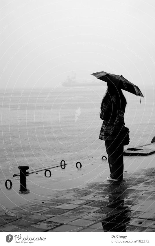 Crying in the Rain Black & white photo Exterior shot Copy Space left Day Shadow Silhouette Back-light Central perspective Full-length Rear view Looking away