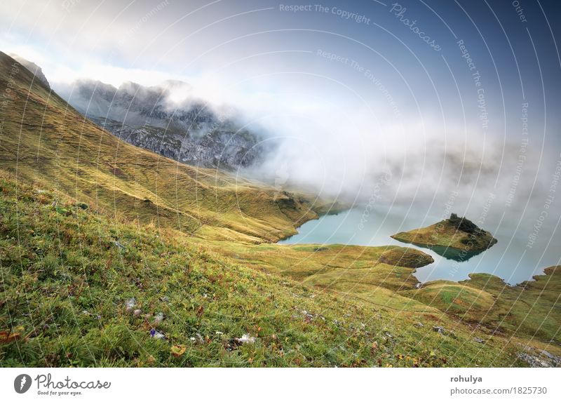 misty morning on alpine lake Schrecksee, Bavaria, Germany Mountain Hiking Nature Landscape Sky Autumn Fog Grass Meadow Hill Rock Alps Pond Lake Wild Blue Serene