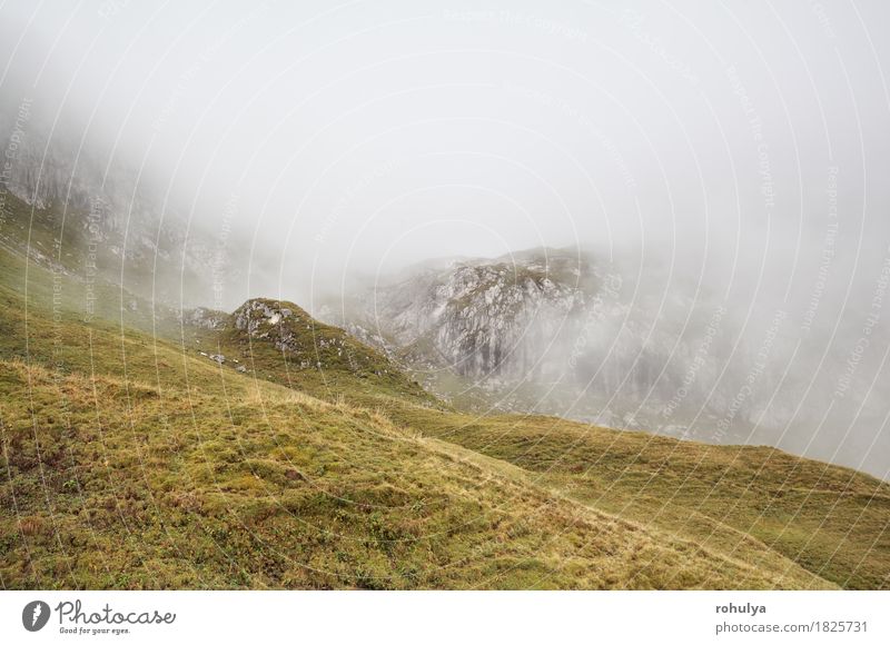 rocky mountains in dense fog, Alps, Germany Vacation & Travel Mountain Hiking Nature Landscape Autumn Weather Fog Meadow Rock Stone Wild Serene Cliff Grassland