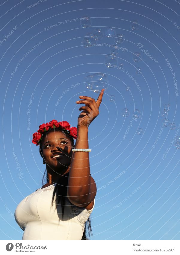 sonia Feminine 1 Human being Dress Jewellery Hair circlet Black-haired Long-haired Soap bubble Observe Smiling Laughter Looking Playing Illuminate Happiness