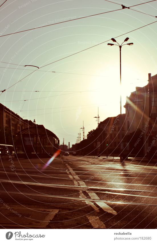 Street view against the light Exterior shot Downtown Deserted Esthetic Authentic Infinity Uniqueness Modern Town Warmth Emotions Moody Optimism Warm-heartedness