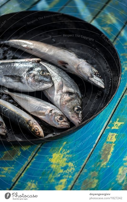 Raw fish. Sea bream, sea bass, mackerel and sardines Seafood Lunch Pan Fresh Blue Black see bass Lemon cooking background healthy Frying Fat Mackerel head