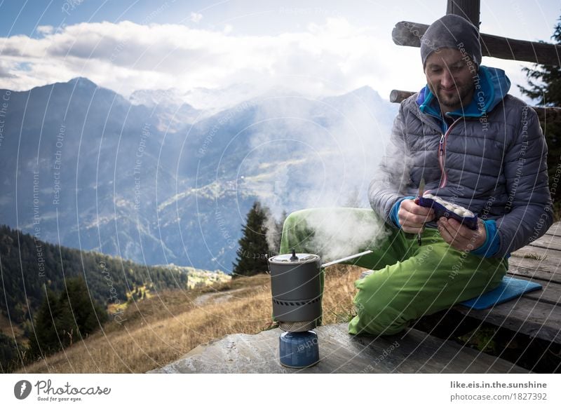 White sausage breakfast with view II Sausage Nutrition Well-being Contentment Relaxation Trip Adventure Far-off places Freedom Camping Mountain Hiking Climbing