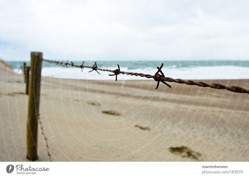 fence Exterior shot Deserted Copy Space top Copy Space bottom Day Twilight Contrast Sand Sky Clouds Beach Ocean Fence Barbed wire fence Cold photocase Footprint