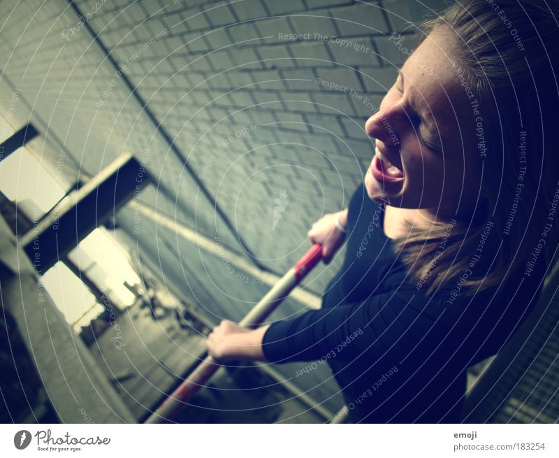 afraid of heights Colour photo Interior shot Day Deep depth of field Bird's-eye view Half-profile Looking away Closed eyes Feminine Young woman