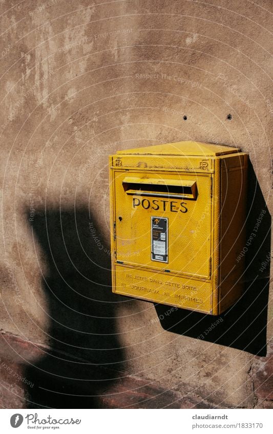 Write again... France Village Wall (barrier) Wall (building) Old Yellow Communicate Mailbox French Alsace pen friendship Colour photo Exterior shot Detail