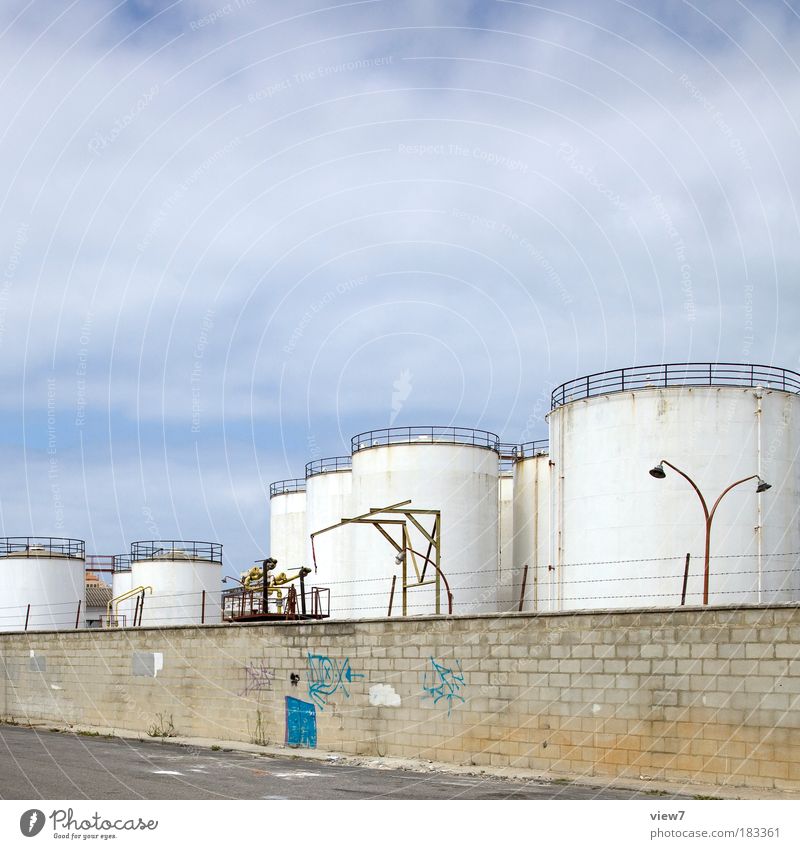 Tanks in the warehouse Exterior shot Deserted Copy Space top Deep depth of field Long shot Factory Industry Energy industry Sky Clouds Industrial plant