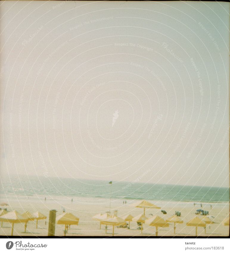 At the end the sea Summer Summer vacation Coast Beach Cold Horizon Sunshade Portugal Bad weather Sand Calm Contentment Colour photo Subdued colour Exterior shot