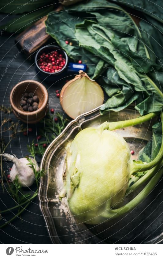 Fresh kohlrabi on a dark kitchen table Food Vegetable Nutrition Organic produce Vegetarian diet Diet Crockery Style Design Healthy Eating Life Summer Table