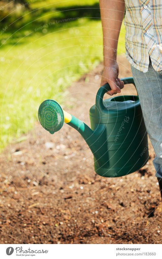 Watering can Tin Garden Gardening Plastic Hand holding Green Arm Summer Day Unrecognizable spout Exterior shot