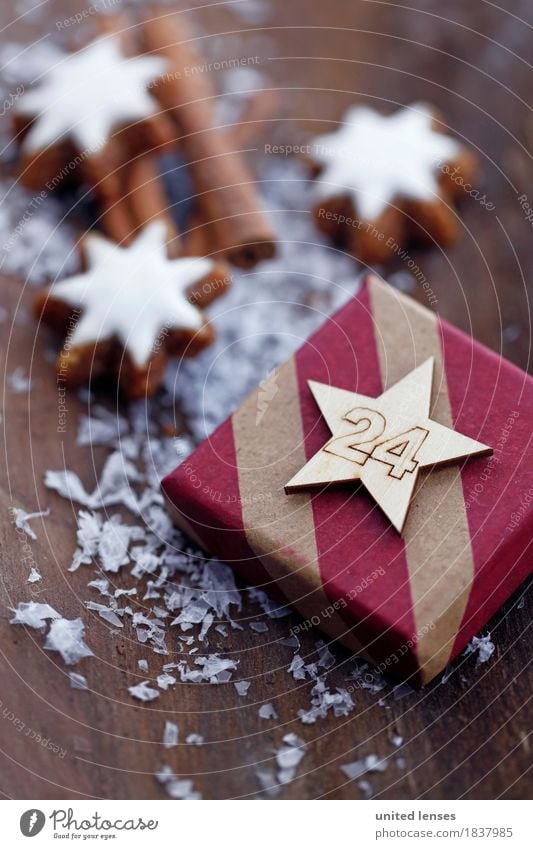 AKCGDR# Gifts I Art Work of art Esthetic 24 Christmas & Advent Card Star cinnamon biscuit Cinnamon Snow Wood backing Anticipation Giving of gifts Colour photo