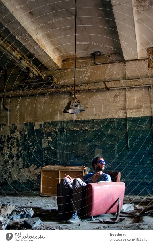 chair lift Colour photo Subdued colour Interior shot Copy Space top Day Wide angle Full-length Looking back Looking away Human being Masculine Young man