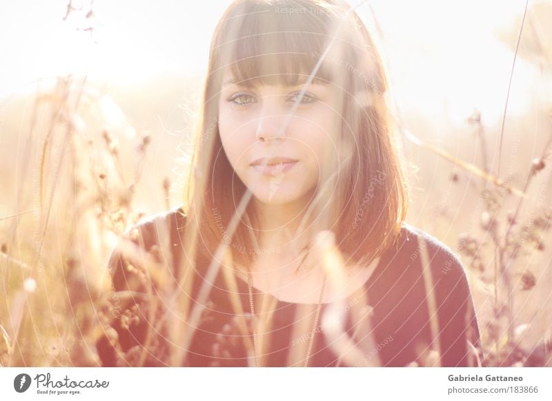 portrait Colour photo Exterior shot Light (Natural Phenomenon) Central perspective Looking into the camera Young woman Youth (Young adults) Hair and hairstyles