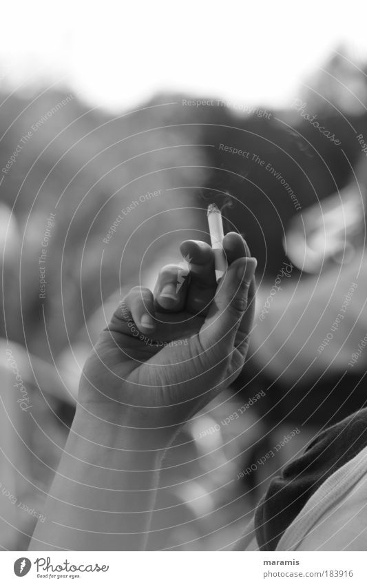 Sound & Smoke Black & white photo Exterior shot Day Light Shadow Contrast Central perspective Human being Young woman Youth (Young adults) Arm Hand Fingers 1