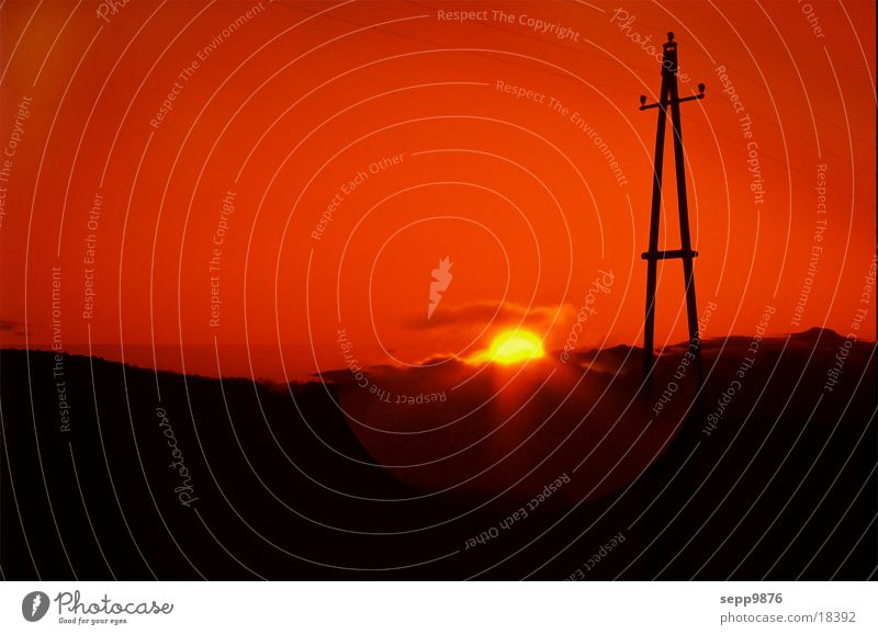 Sun down Sunset Electricity pylon Landscape