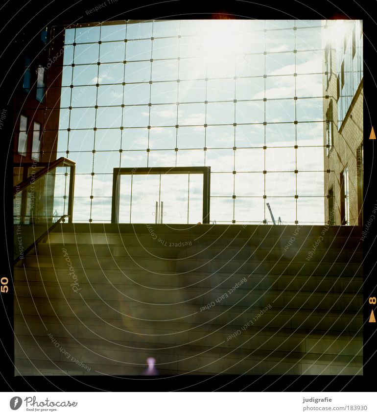 HAMBURG Sky Beautiful weather Deserted House (Residential Structure) Manmade structures Building Architecture Stairs Facade Window Door Dark Bright Design Grid