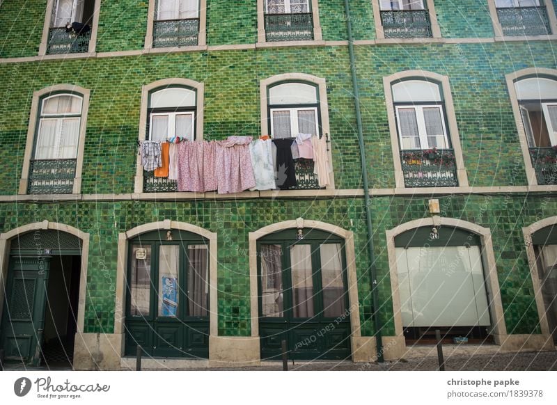 washing in front of green Vacation & Travel City trip Summer Summer vacation Flat (apartment) Lisbon Portugal Town Capital city Downtown Old town Facade