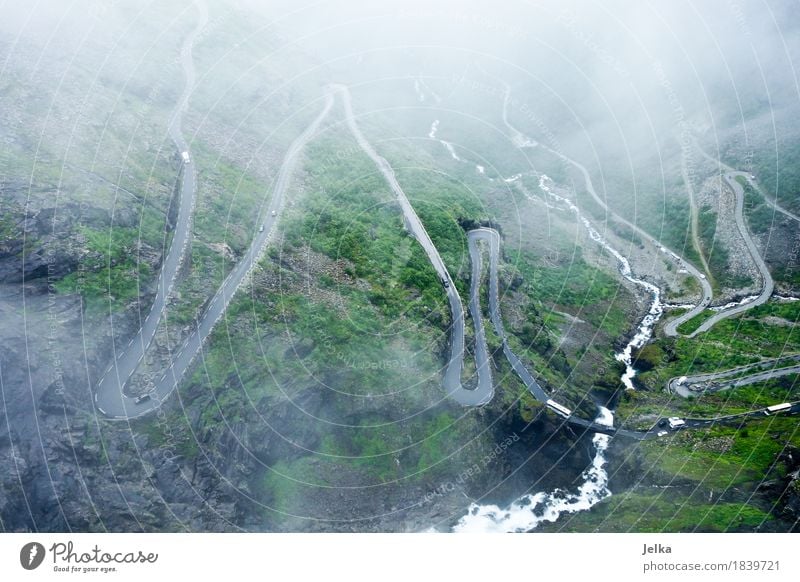 road up Nature Landscape Clouds Bad weather Fog Mountain trollindene Trollstigen Waterfall Norway Europe Tourist Attraction Traffic infrastructure Road traffic