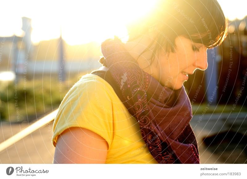 ray of hope Colour photo Exterior shot Twilight Light Silhouette Sunlight Sunbeam Sunrise Sunset Back-light Portrait photograph Profile Looking away Human being