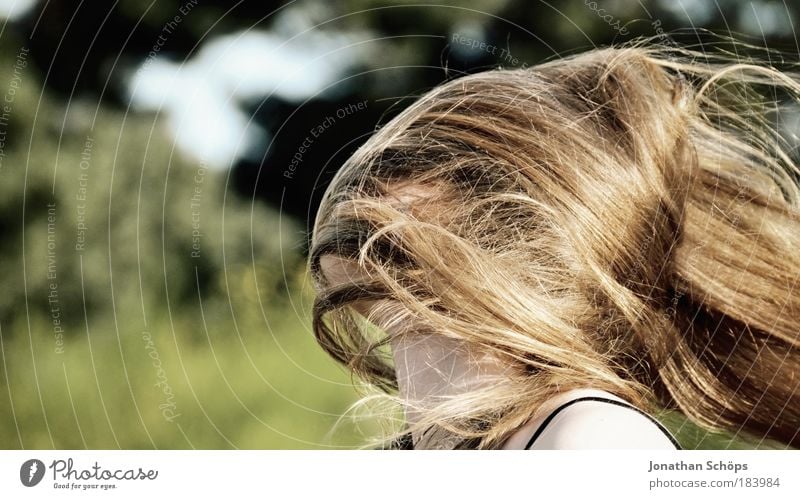 automatic obfuscation by the wind Colour photo Exterior shot Copy Space left Sunlight Shallow depth of field Profile Human being Feminine girl Young woman