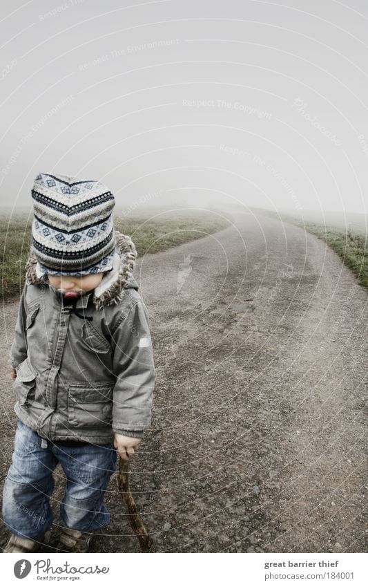 Warrior of Sleep Colour photo Exterior shot Close-up Morning Dawn Full-length Downward Looking away Child Toddler Boy (child) Infancy Life 1 Human being