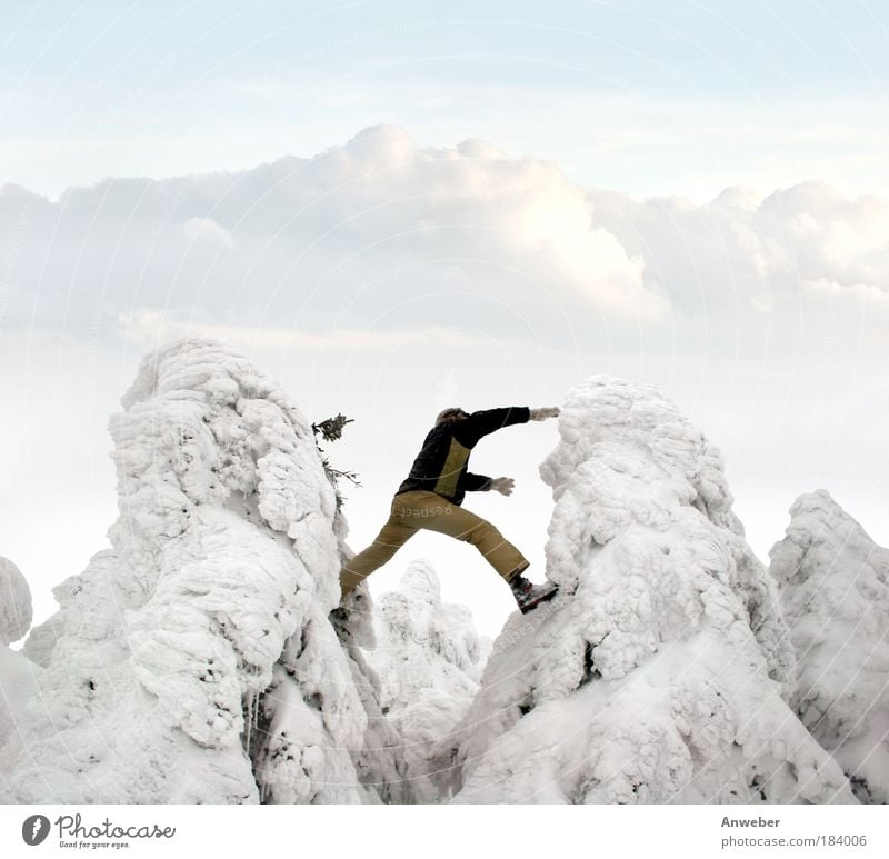 Winter jump between 2 crippled spruces at Brocken in the Harz Mountains Colour photo Black & white photo Subdued colour Exterior shot Experimental Abstract