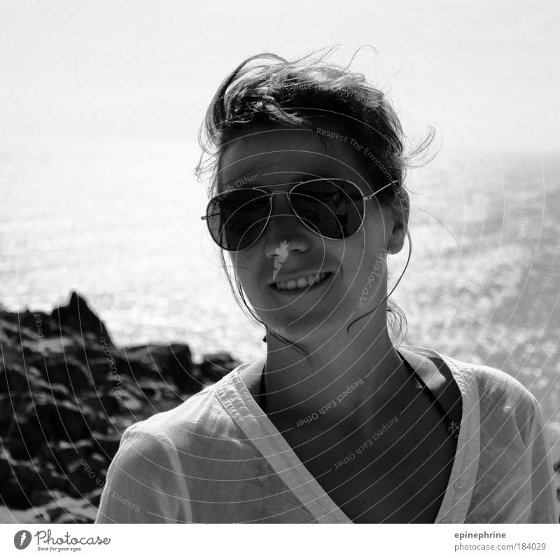 wind in your hair Black & white photo Exterior shot Copy Space top Contrast Reflection Shallow depth of field Central perspective Portrait photograph