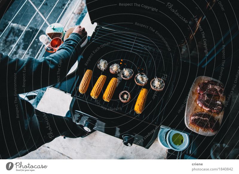 Top Down shot of a barbecue with beef and vegetables on balcony Food Meat Cheese Vegetable Eating Lunch Dinner Lifestyle Leisure and hobbies Balcony Diet Beef