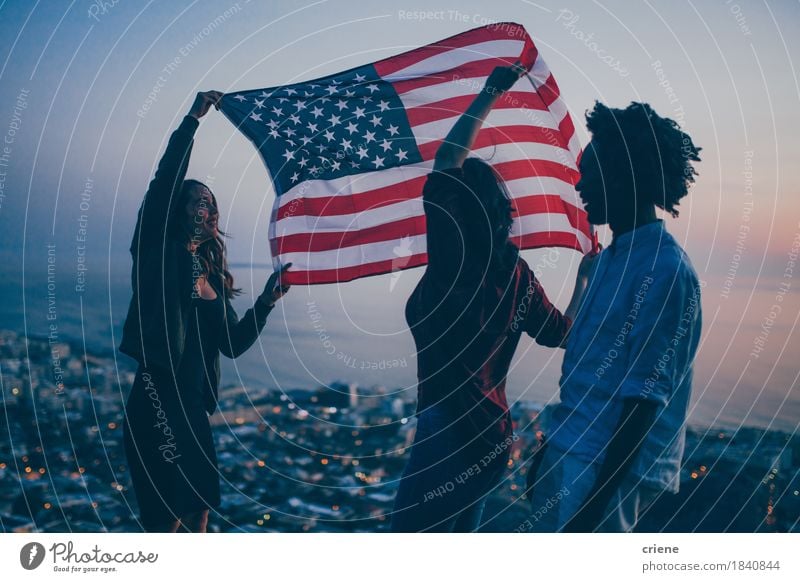 Group of Teenager celebrating with USA flag on mountain Lifestyle Joy Vacation & Travel Tourism Adventure Freedom Ocean Feasts & Celebrations Human being