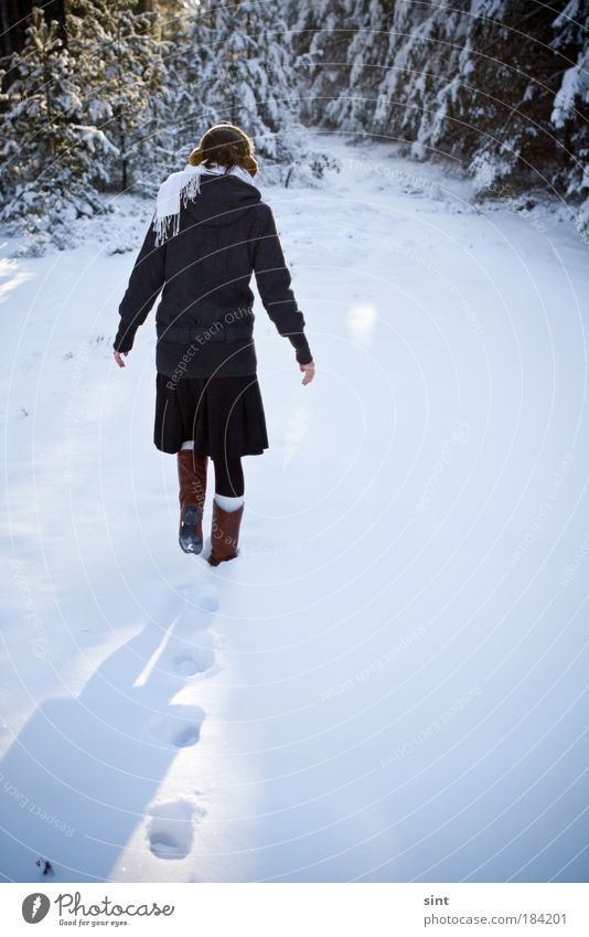 Far out Colour photo Exterior shot Copy Space right Copy Space bottom Day Sunlight Long shot Winter Snow Winter vacation Hiking Human being Young woman